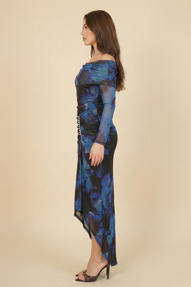 Crystal-embellished draped bodycon dress المقاس:(L - 40)