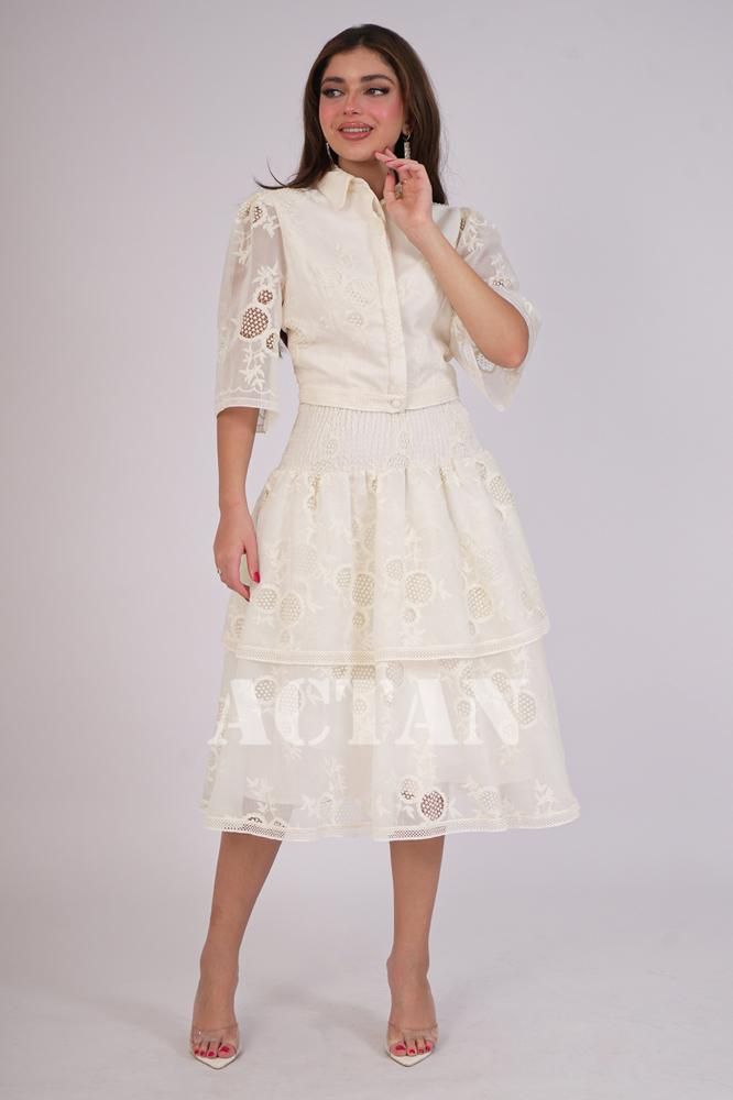 Sugar-colored organza skirt and blouse set المقاس:(M - 38)
