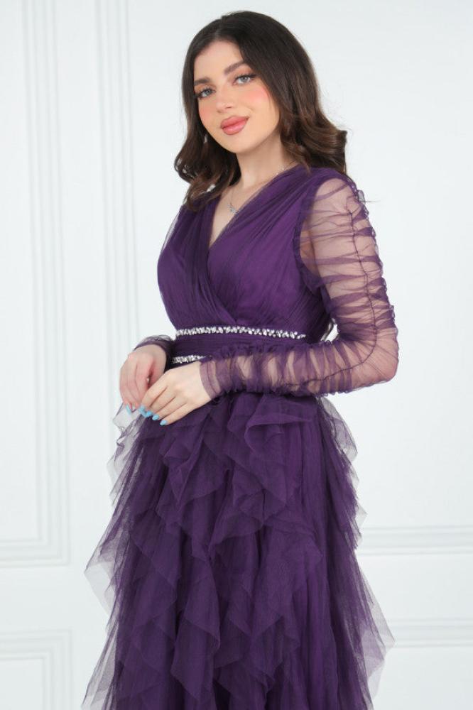 Purple evening dress with embroidered ruffles and waist المقاس:(L - 40)