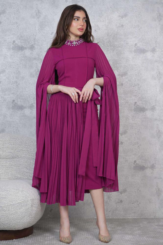 Fuchsia Crystal Embellished Straight Two-Piece Midi Dress المقاس:(L - 40)