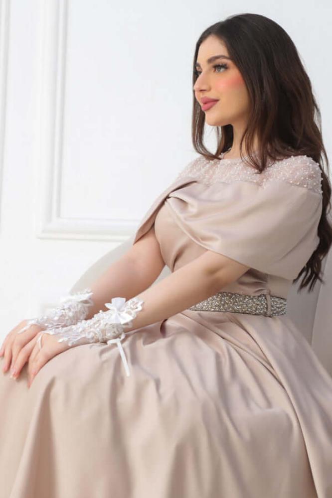 Beige Embroidered Off Shoulder Midi Dress المقاس:(L - 40)
