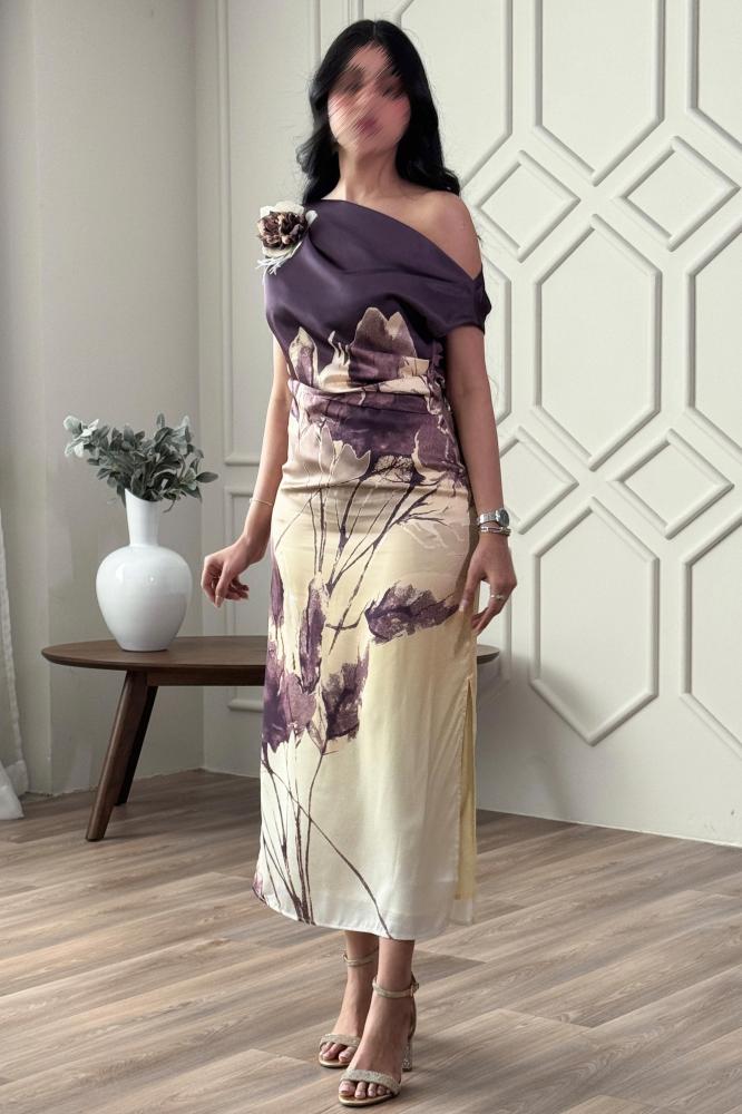 One-shoulder floral print midi dress المقاس:(L - 40)