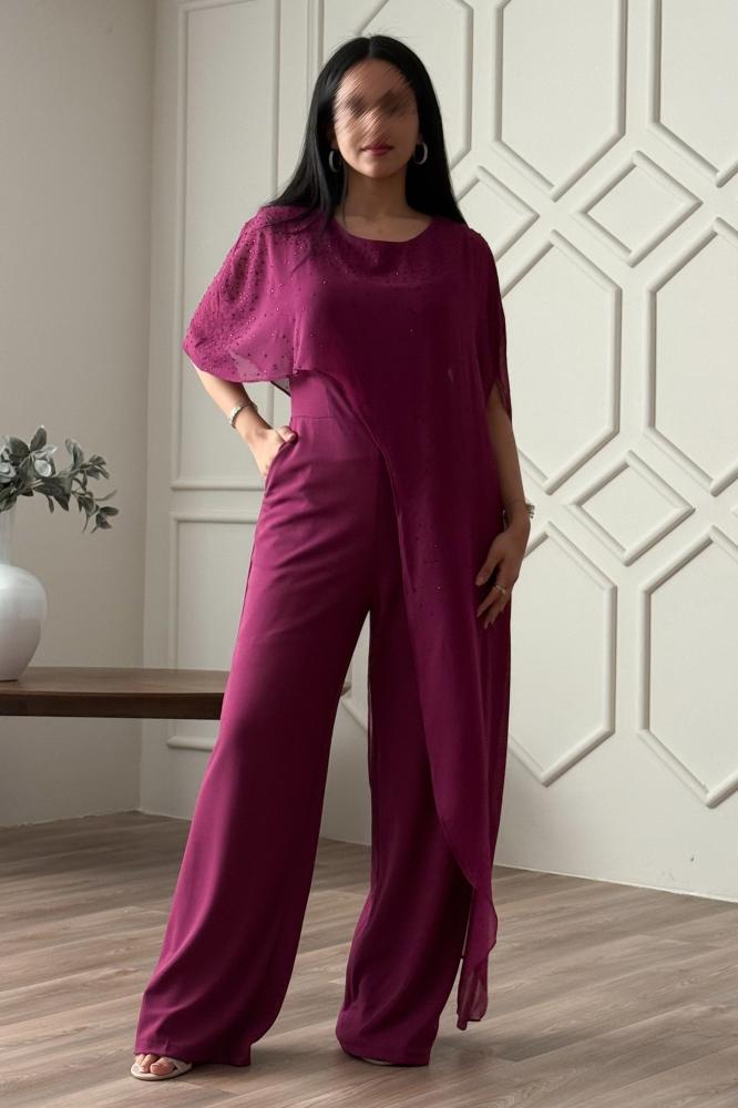 Fuchsia sequin jumpsuit with scarf المقاس:(L)