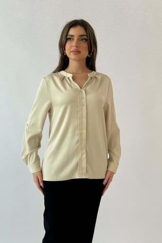 Beige patterned satin shirt المقاس:(M - 38)