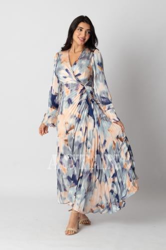 Colorful print pleated satin dress المقاس:(XL - 42)