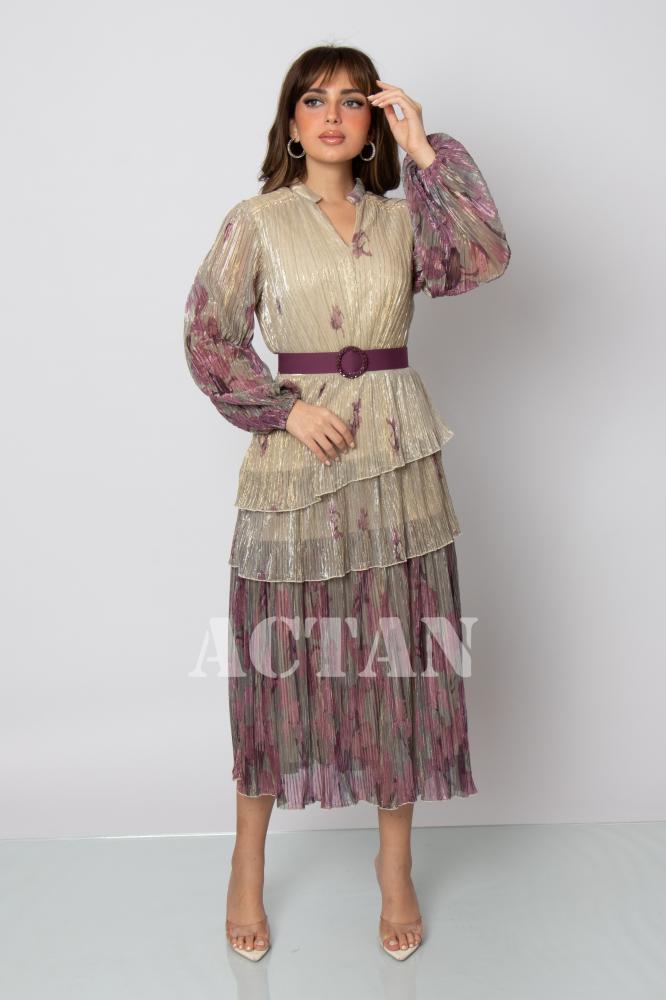 Beige Chiffon Tiered Midi Dress المقاس:(M - 38)