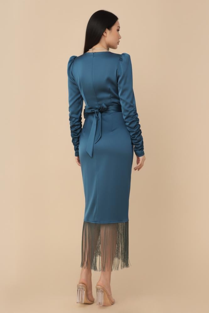 Turquoise Crystal Tassel Pleated Dress المقاس:(XXL)