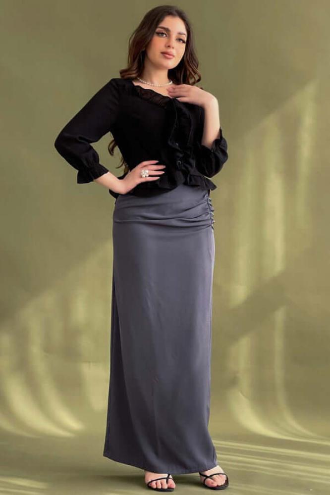 Plain skirt with a waistband, dark gray color المقاس:(L)