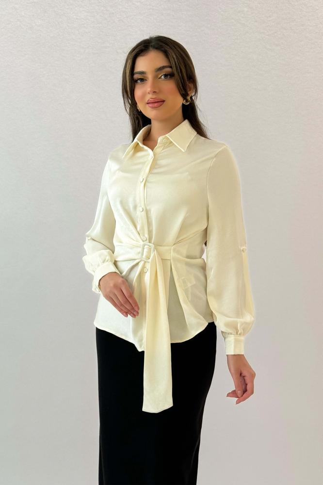 Light beige satin shirt with side belt المقاس:(M)