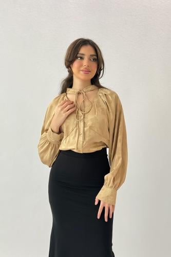 Beige Leaf Print Tie Neck Blouse المقاس:(S)