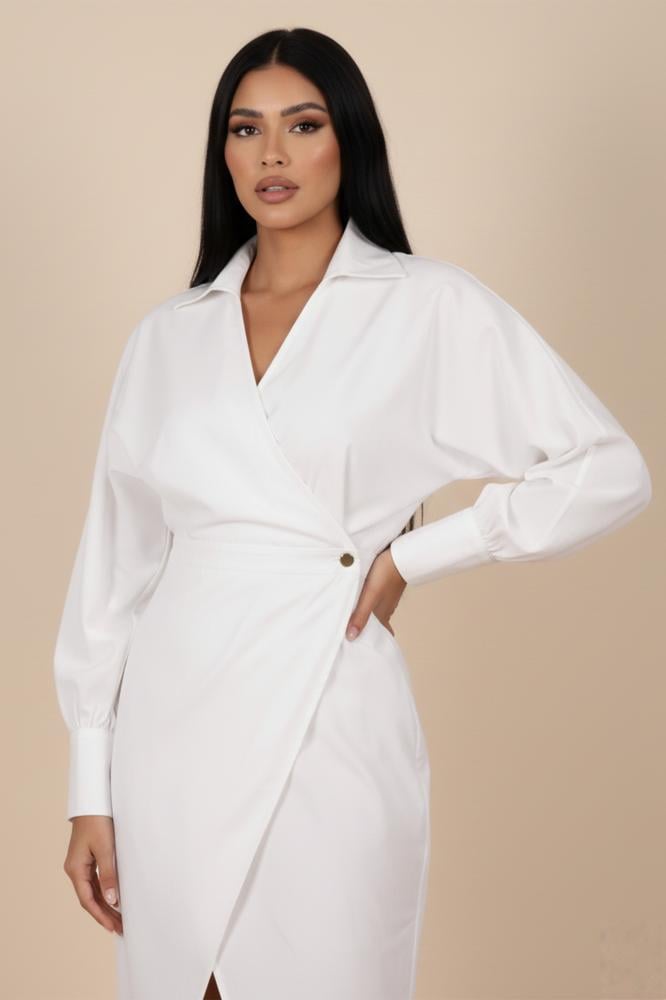 White midi wrap dress المقاس:(M)