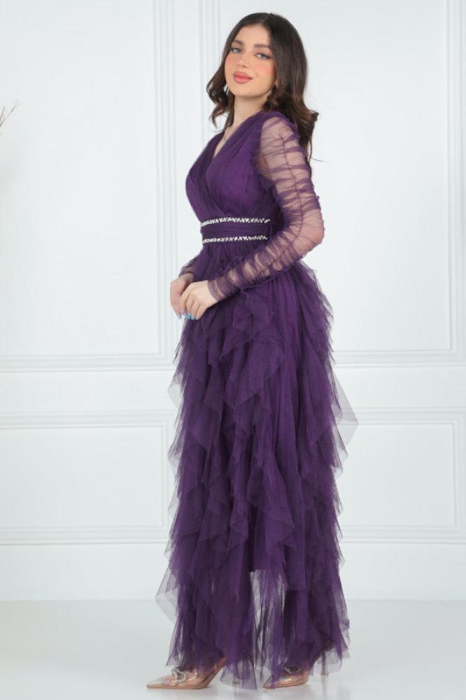 Purple evening dress with embroidered ruffles and waist المقاس:(L - 40)
