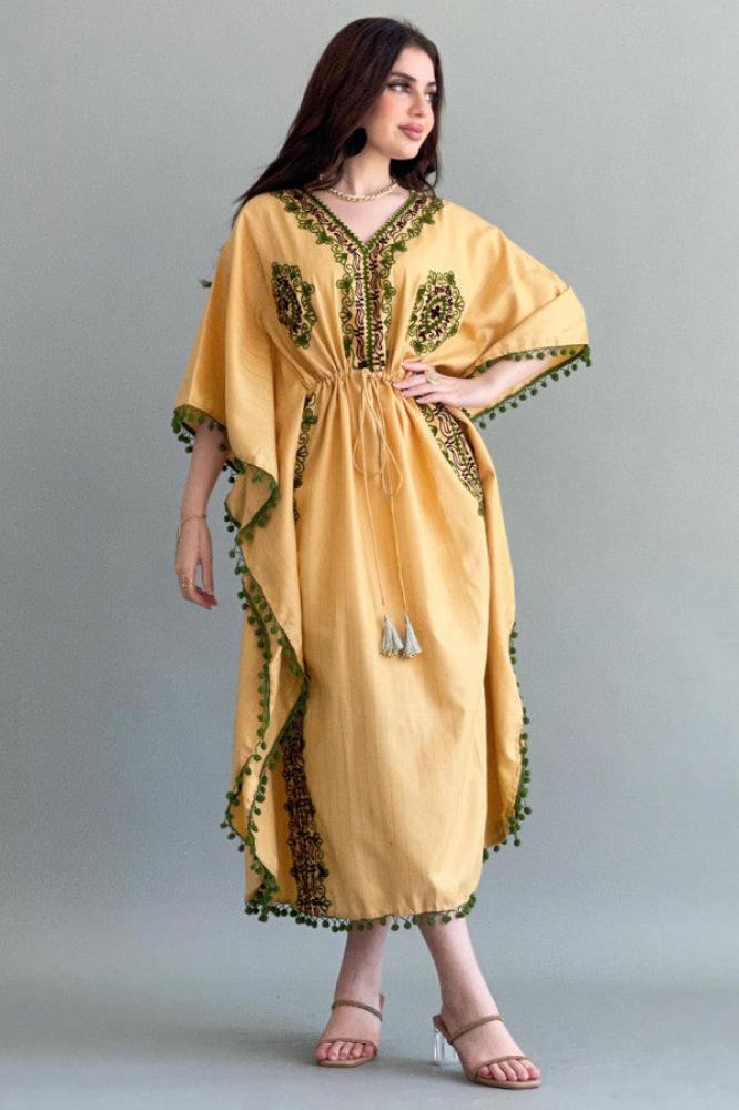 Yellow embroidered butterfly jalabiya المقاس:(M)