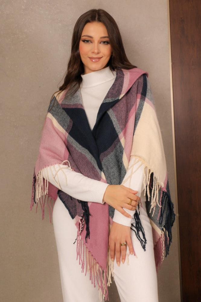Elegant plaid winter shawl with a triangular cut, pink المقاس:(Free Size)