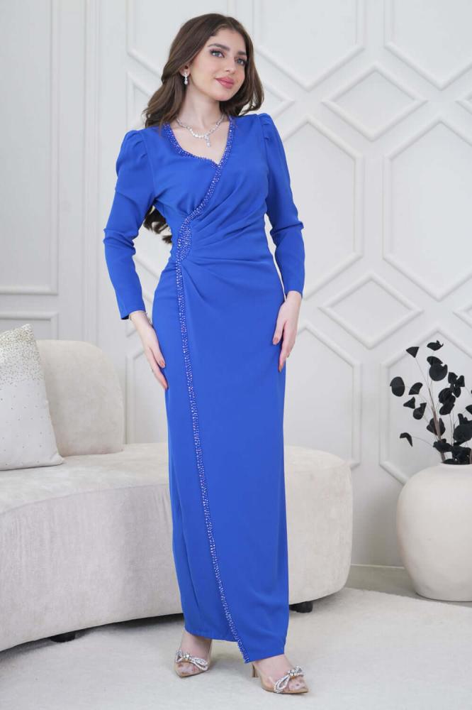 Draped maxi dress with a slim fit and decorated with beads in blue المقاس:(L - 40)