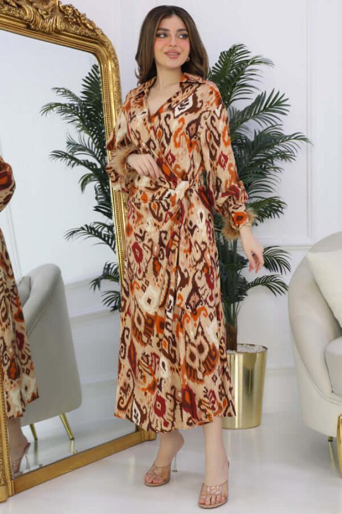 Brown feathered sleeve wrap dress المقاس:(L - 40)