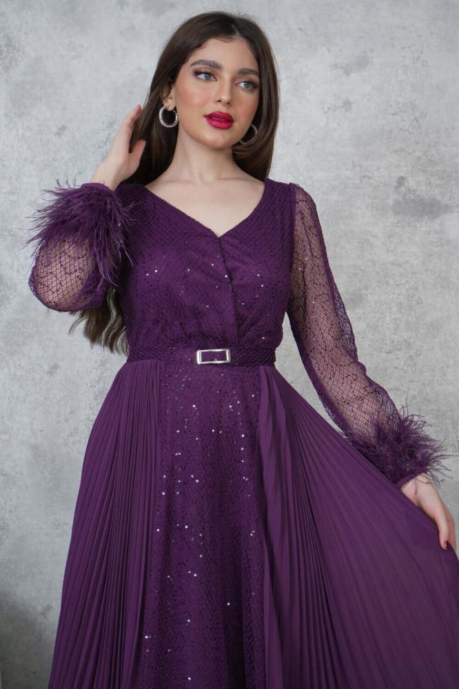 Sequin maxi dress with sheer sleeves in mauve المقاس:(M - 38)