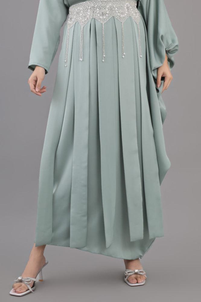 Modern jalabiya with a distinctive design, embroidered with beads and pearls, Tiffany color المقاس:(L)