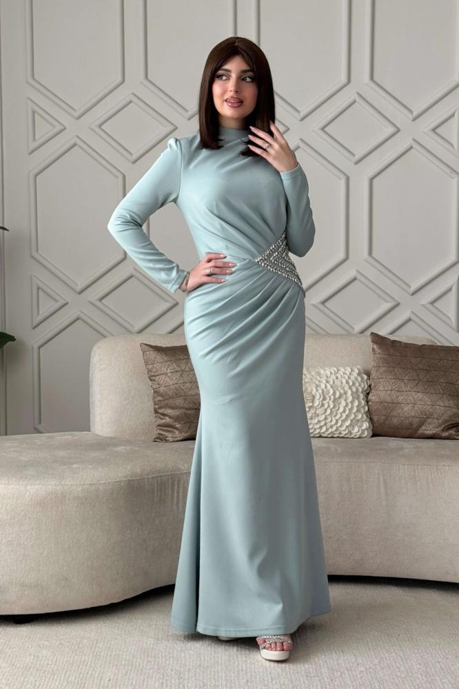 Long draped dress with Tiffany-colored crystals المقاس:(M - 38)