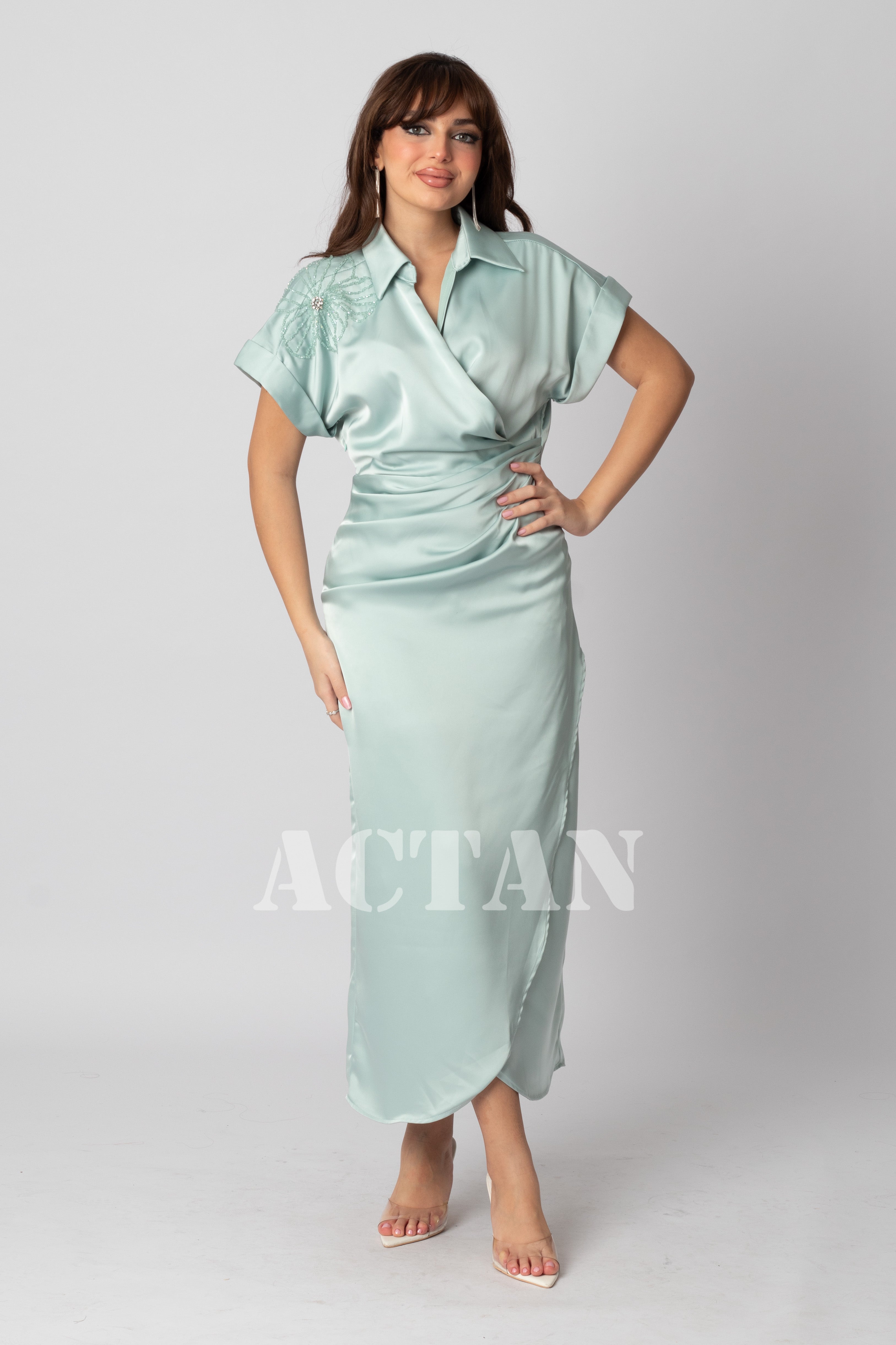 Green Beaded Draped Midi Dress