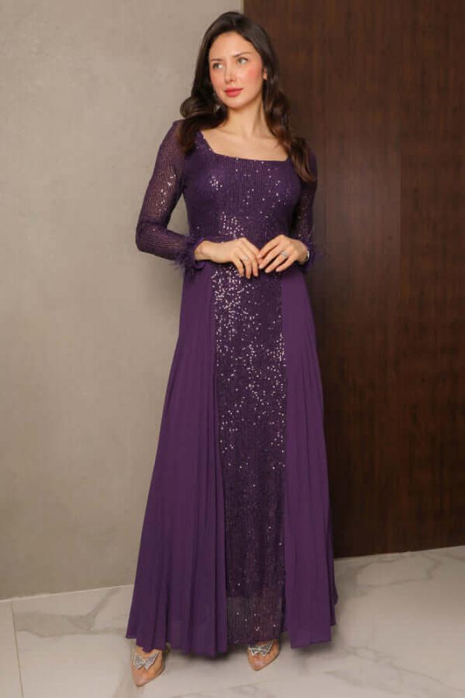Long purple chiffon pleated sequin evening dress المقاس:(L - 40)