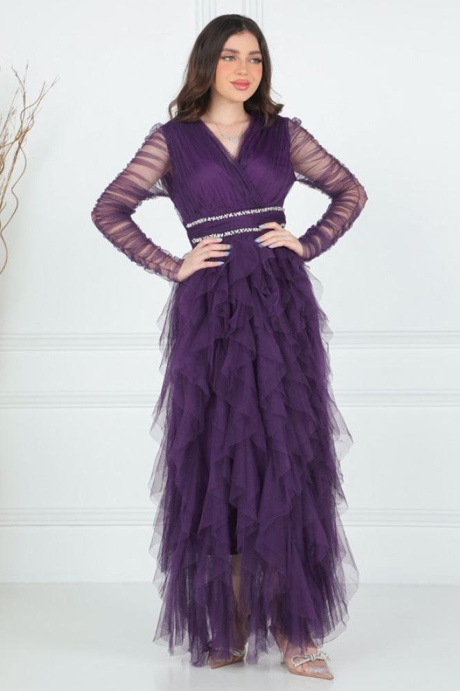 Purple evening dress with embroidered ruffles and waist المقاس:(L - 40)