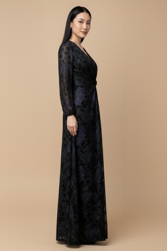 Floral print velvet dress with a knot at the waist المقاس:(M - 38)