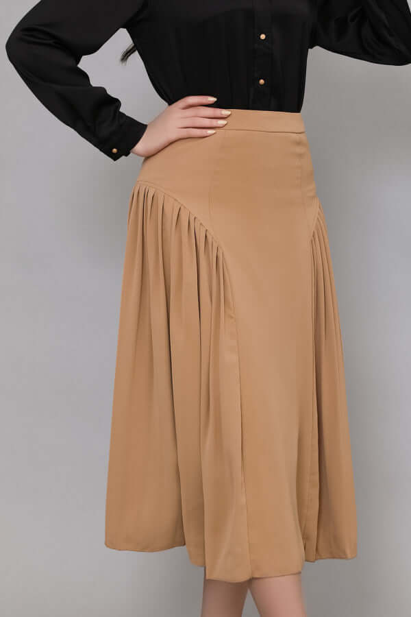 Dark beige pleated midi skirt