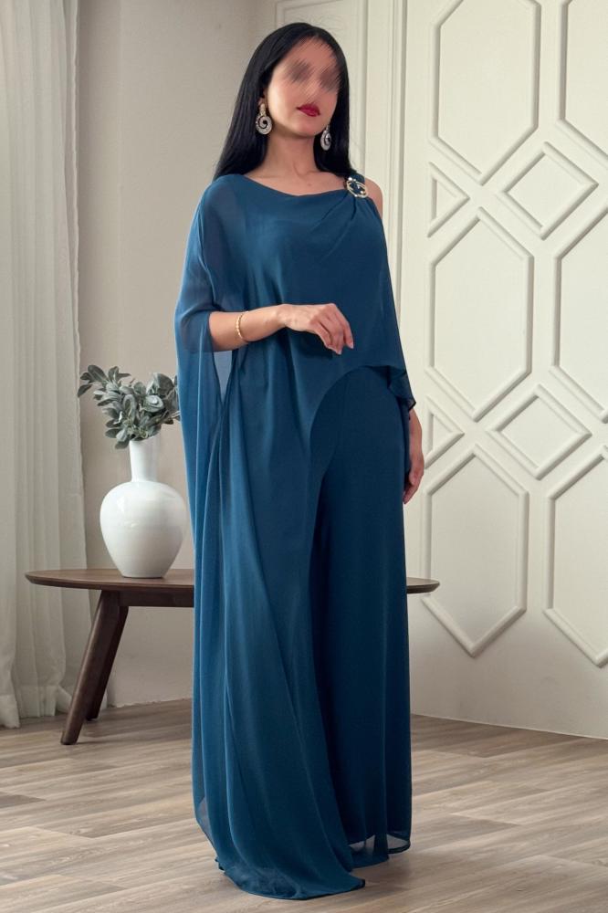 Turquoise One Shoulder Jumpsuit with Long Scarf المقاس:(L - 40)