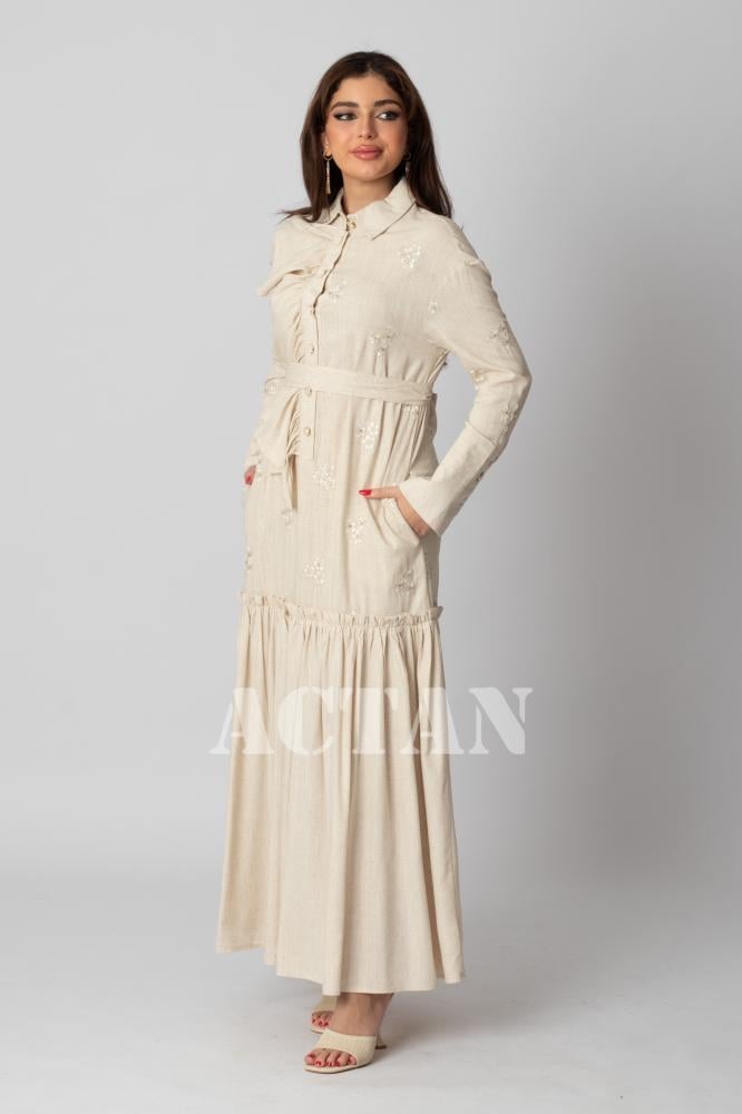 Beige linen maxi dress المقاس:(L - 40)