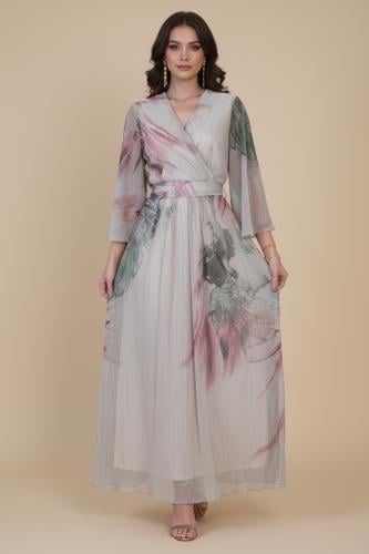 Beige floral print pleated maxi dress المقاس:(L - 40)