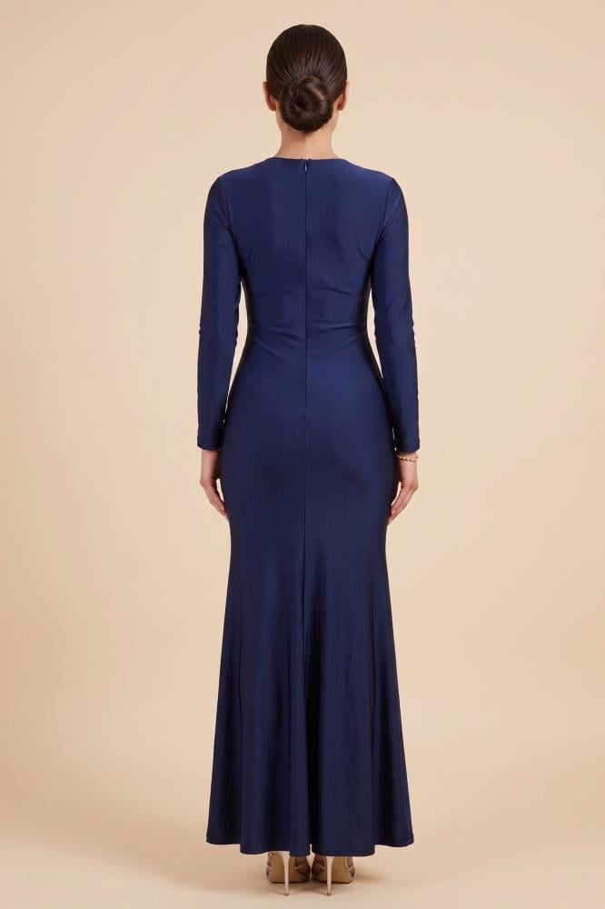 Navy blue maxi dress with slit and gathered waist المقاس:(L - 40)