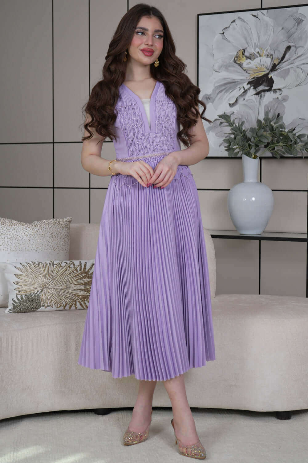 Light purple pleated midi dress