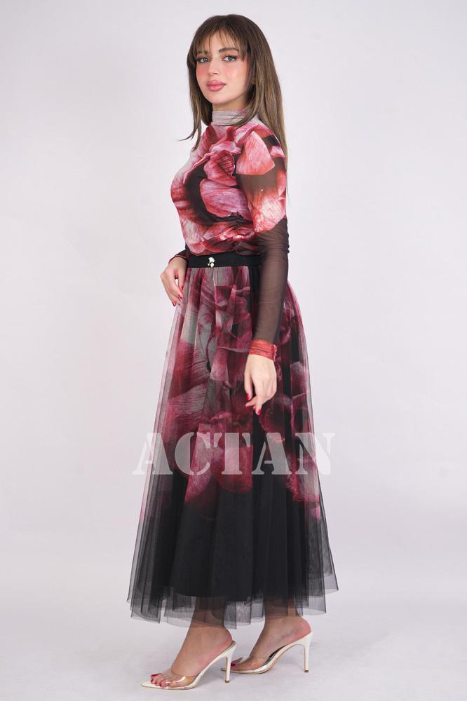 Red Floral Print Tulle Skirt and Blouse Set المقاس:(M - 38)