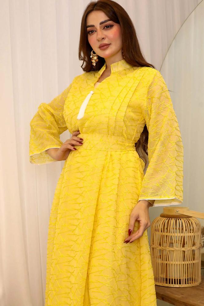 Yellow maxi long-sleeved jalabiya with belt المقاس:(S)