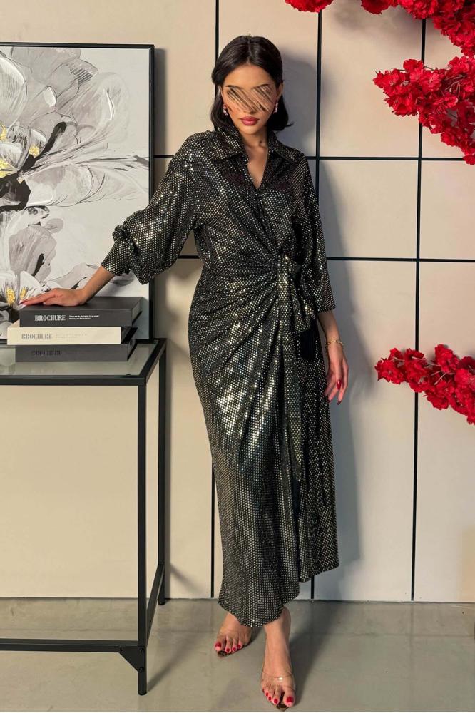 Black Tasseled Shiny Maxi Wrap Dress المقاس:(S)