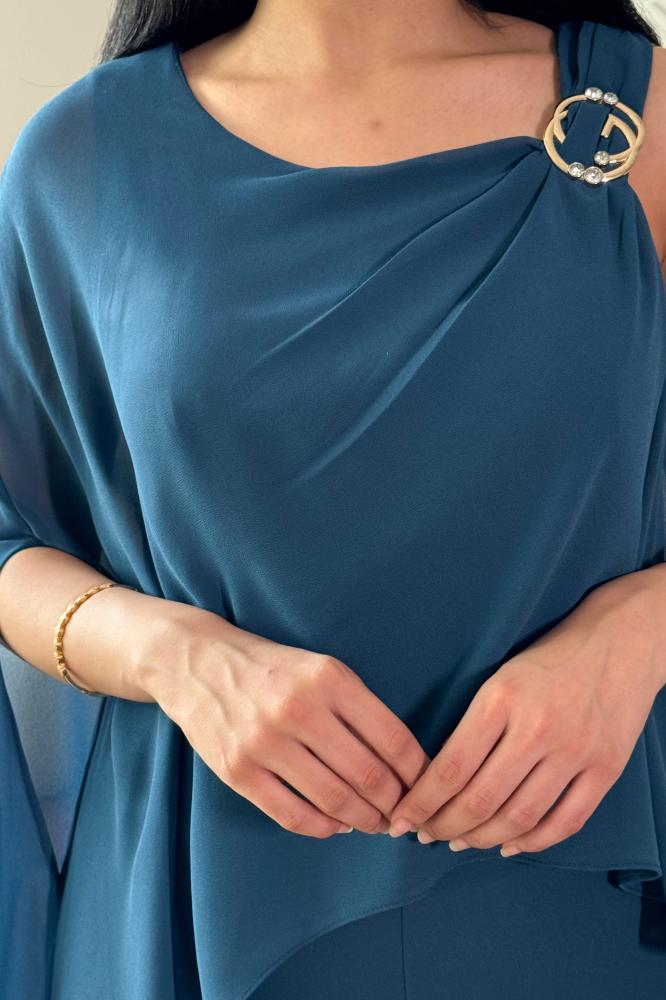 Turquoise One Shoulder Jumpsuit with Long Scarf المقاس:(L - 40)