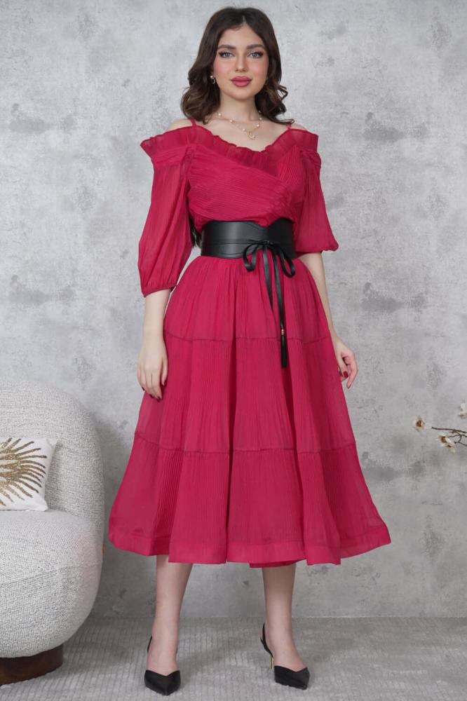 Red pleated midi dress المقاس:(L - 40)