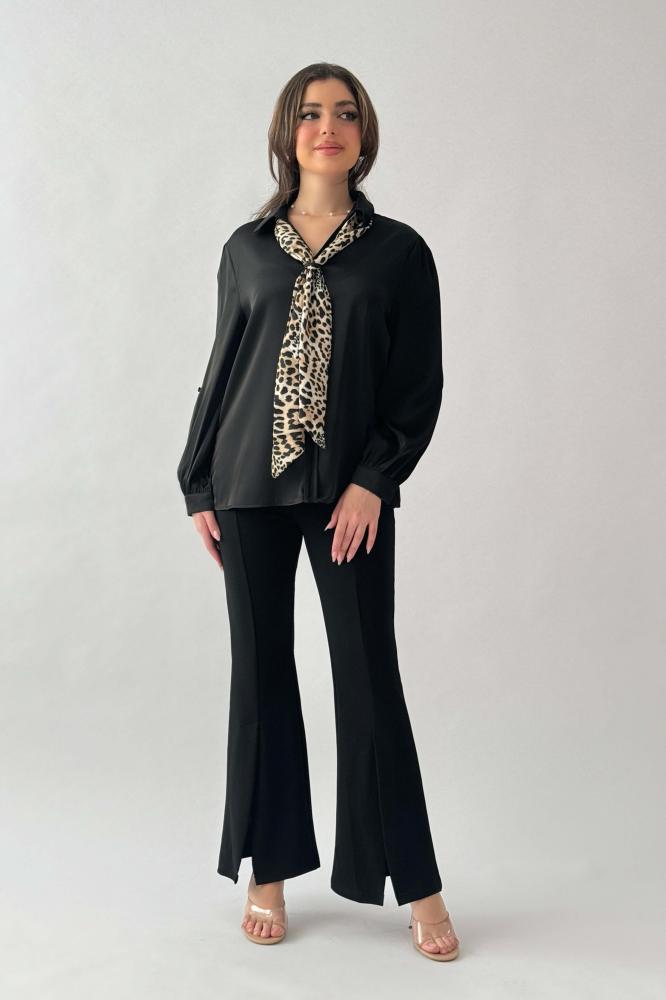 Black satin blouse with leopard print المقاس:(L - 40)
