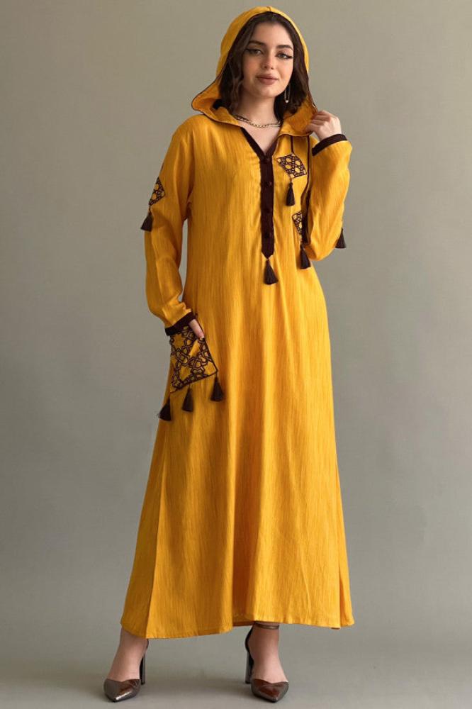 Embroidered caftan with tassels, cumin color المقاس:(S)