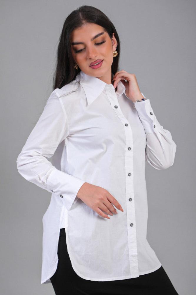 Solid color button-up polo shirt in white المقاس:(M)