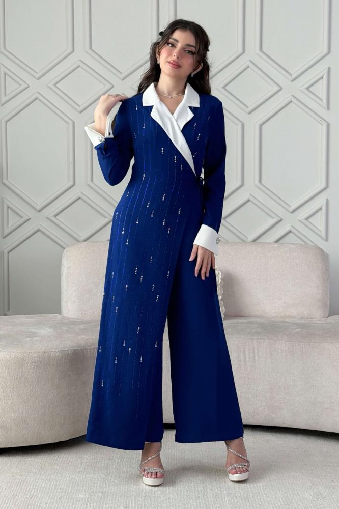 Blue sequin wrap jumpsuit المقاس:(L - 40)