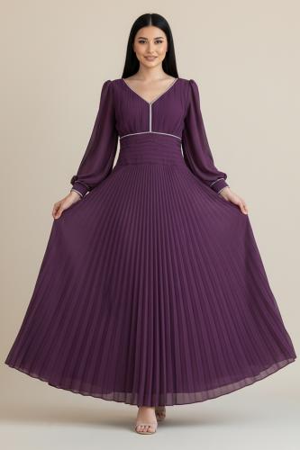 Purple Chiffon Pleated Dress with Crystal Ribbon المقاس:(L)