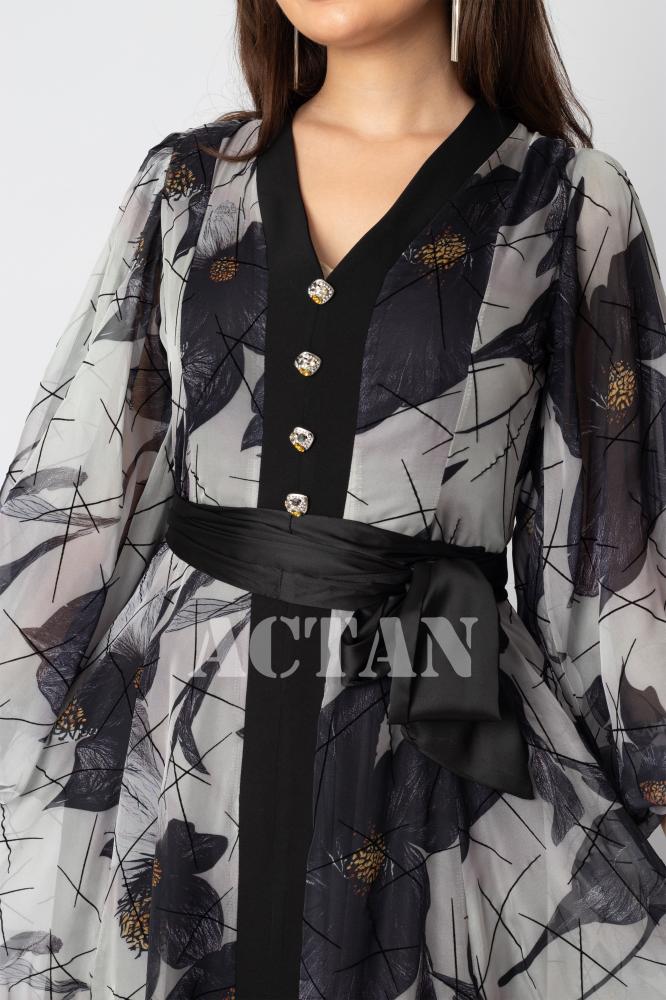 Grey Chiffon Velvet Dress with Rose Print المقاس:(M - 38)