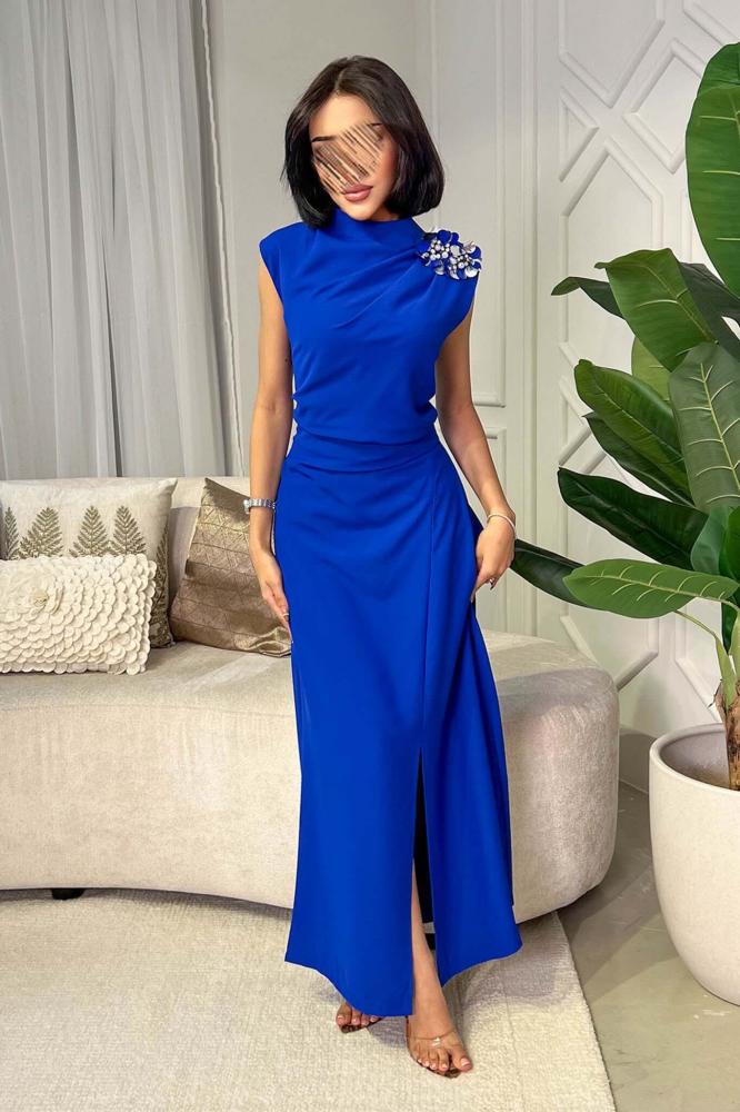 Blue high neck maxi dress المقاس:(M - 38)