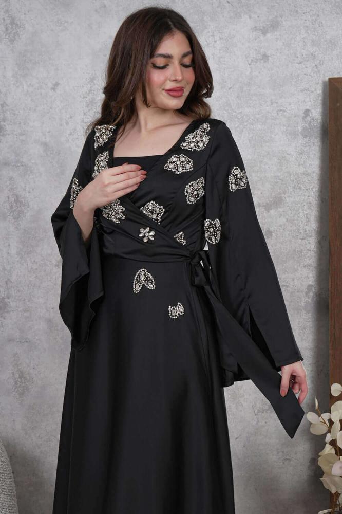 Black Crystal Embellished Wrap Maxi Dress المقاس:(XXL - 44)