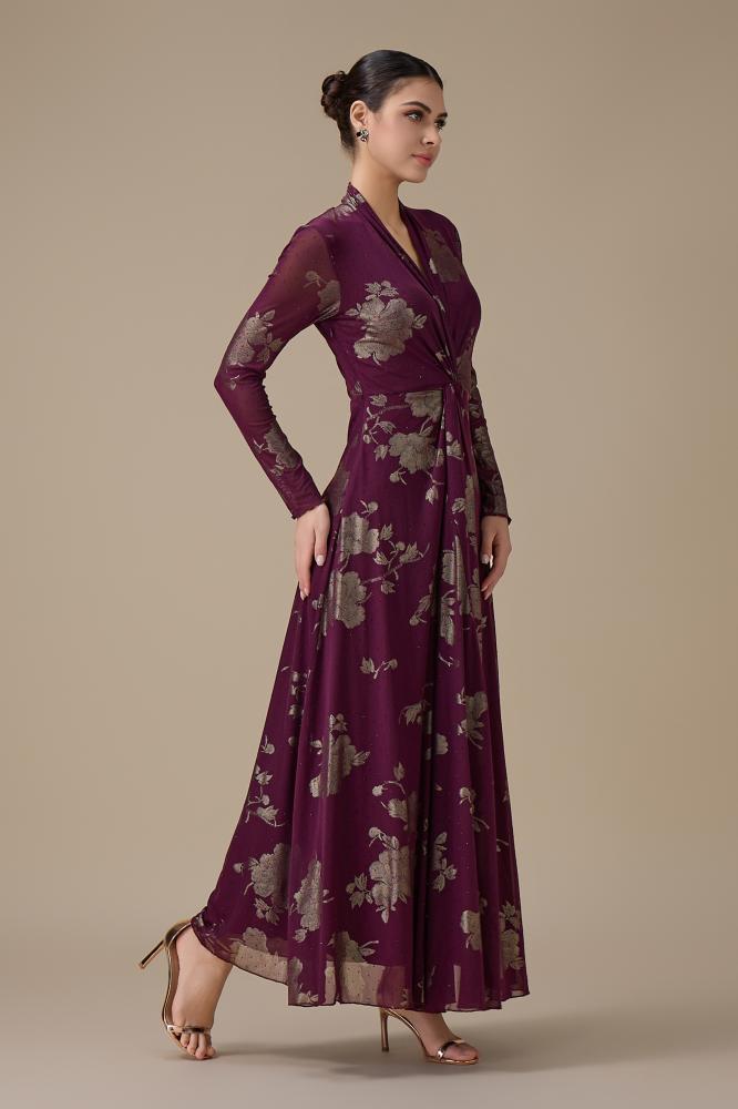 فستان طويل بنفسجي بطبعة ورد المقاس:(M - 38)