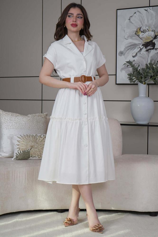 White linen dress with a folded collar المقاس:(M - 38)