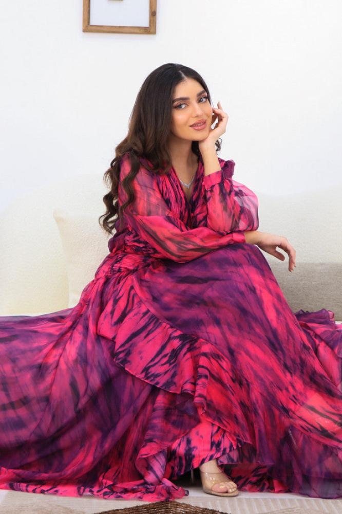 Fuchsia Ruffle Wavy Maxi Dress المقاس:(L - 40)
