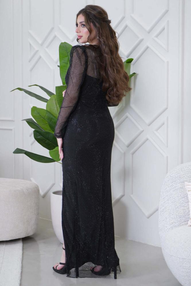 Black long mesh dress decorated with stones المقاس:(S)